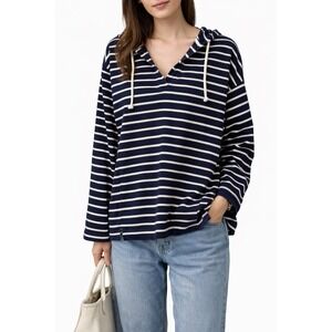 Vineyard Vines Womens Navy Blue White Striped Hoodie V-Neck Pullover Top Size M